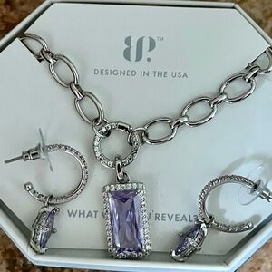 Bomb Party Matching Lavender on Rhodium Necklace & Earrings Set Removable Charms